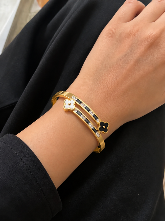 Black & White Clover Crystal Kada - Size 2.6"