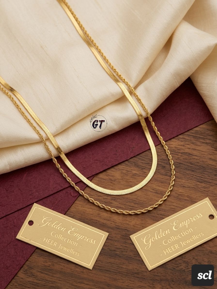 Dual Texture Gold Layer Necklace – Herringbone & Rope Chain