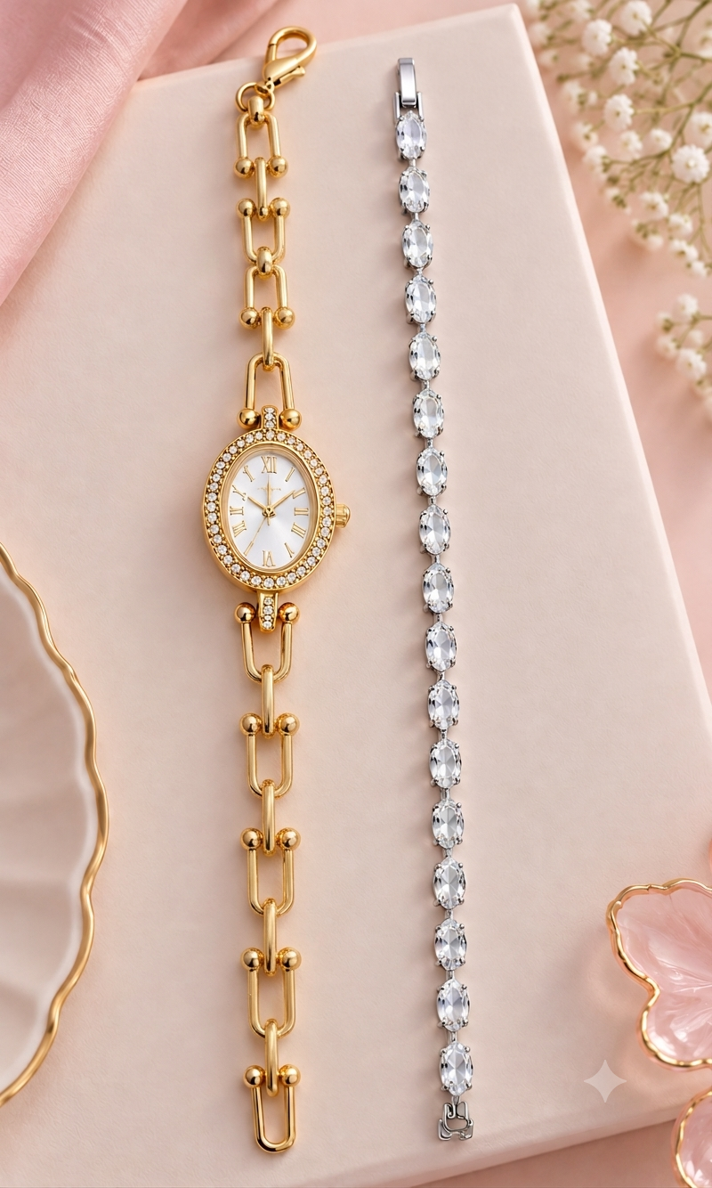 Elegant Crystal Watch & Bracelet Combo