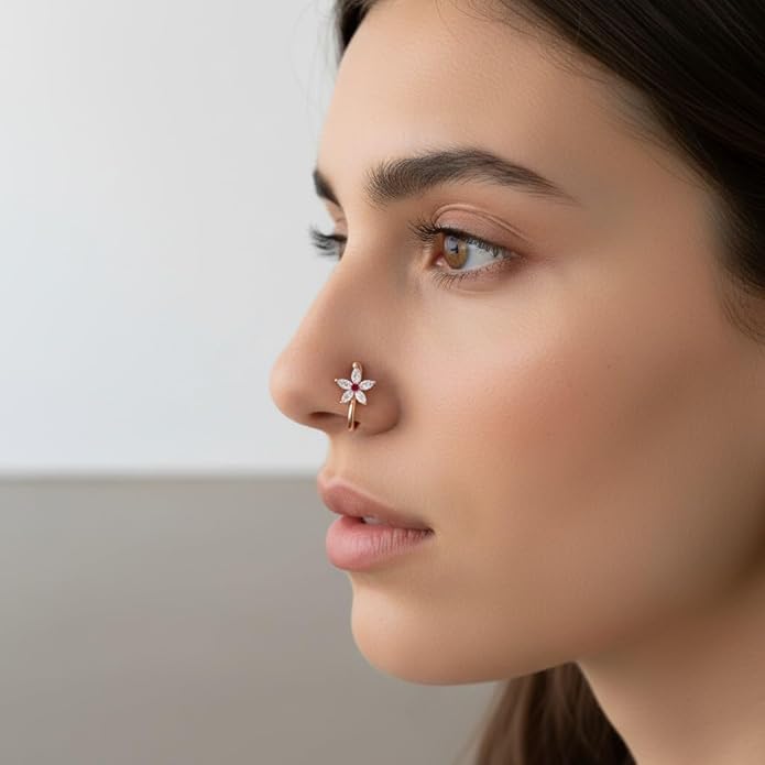 Rose Gold CZ Anti Tarnish Flower Non Piercing Nose Pin - Pack of 3