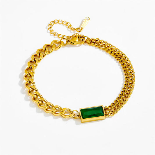 Gold Green Stone Link Chain Bracelet