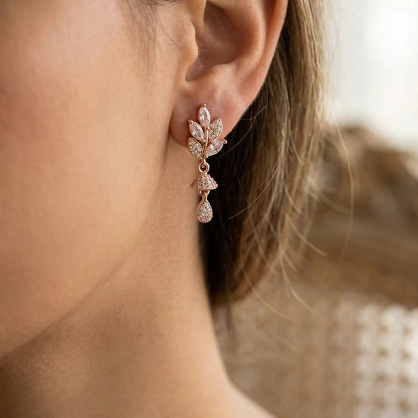 Rose Gold Leaf Drop CZ Earrings