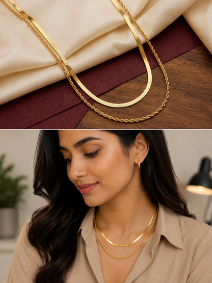 Dual Texture Gold Layer Necklace – Herringbone & Rope Chain