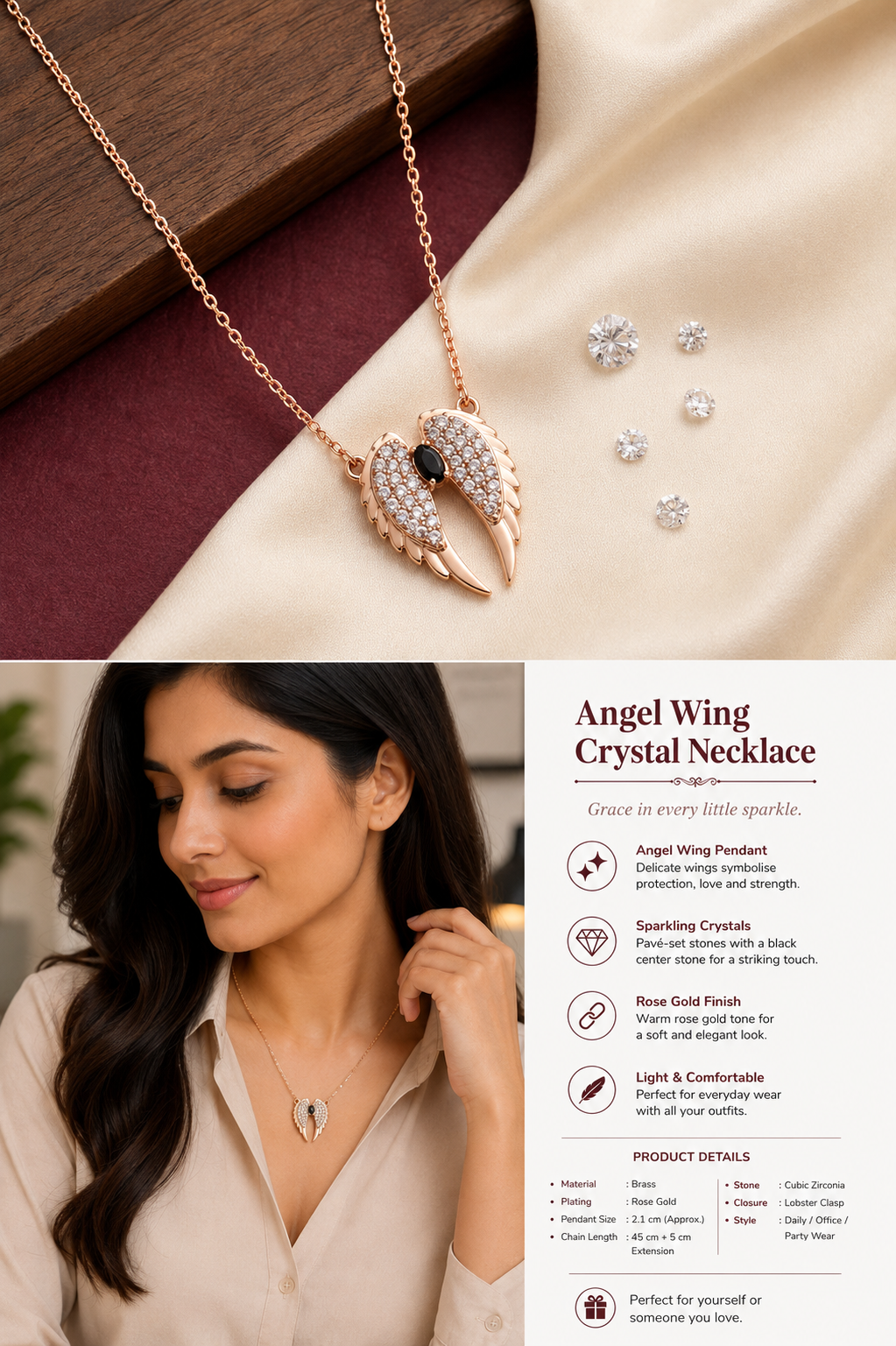 Angel Wing Rose Gold Crystal Necklace