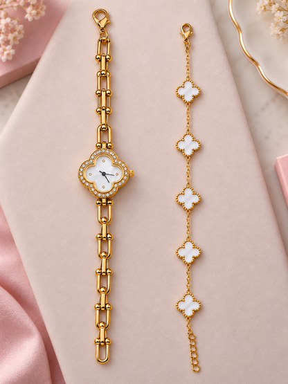 Elegant Clover Watch & Bracelet Set – Gold-Tone Anti-Tarnish Jewellery