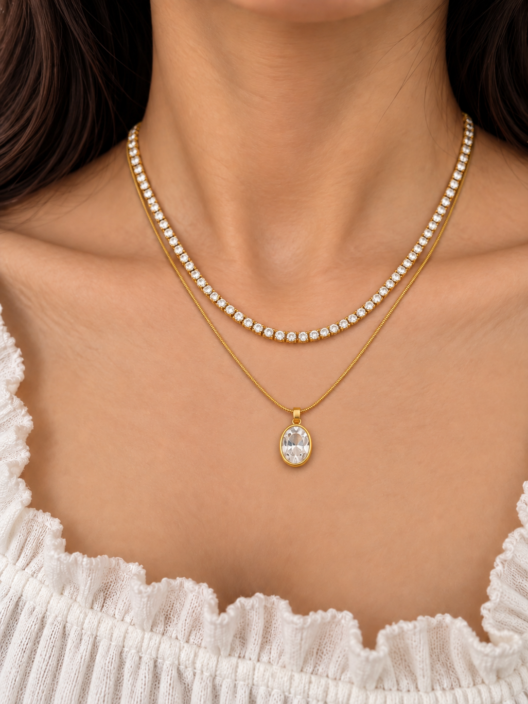 Tennis layered oval stone necklace