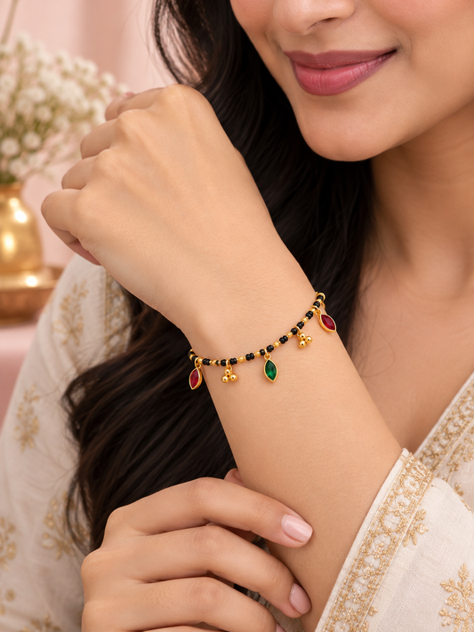 Black Bead & Multicolour Stone Brass Bracelet