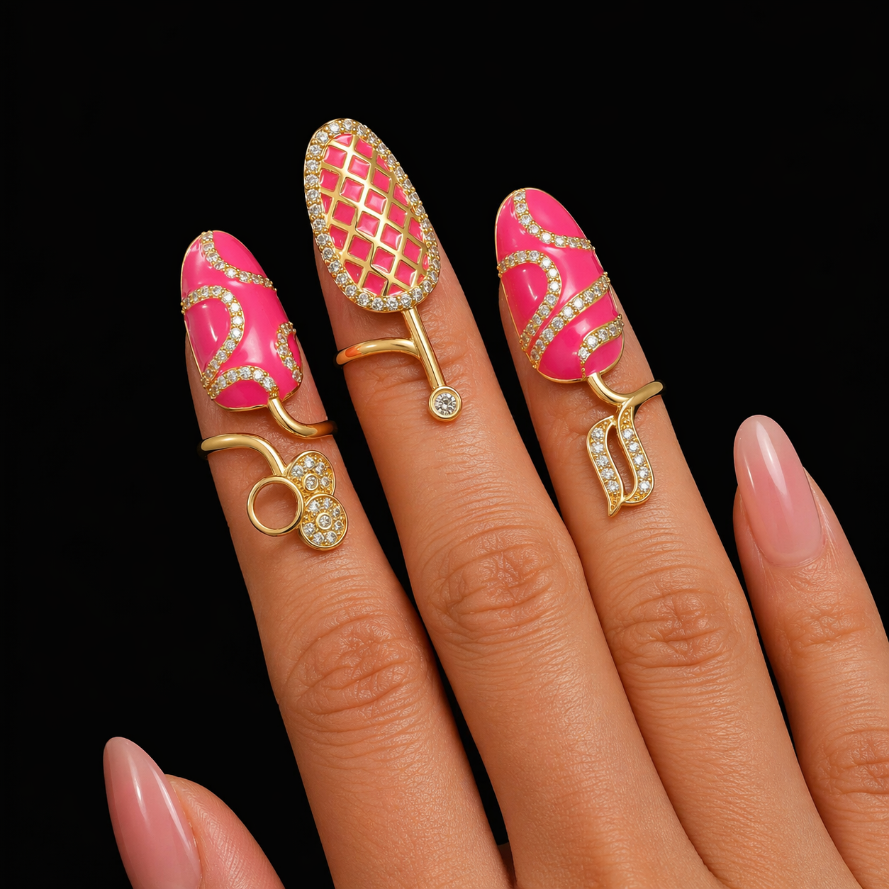 Open CZ Pink Nail Ring Set of 3 (One Size)