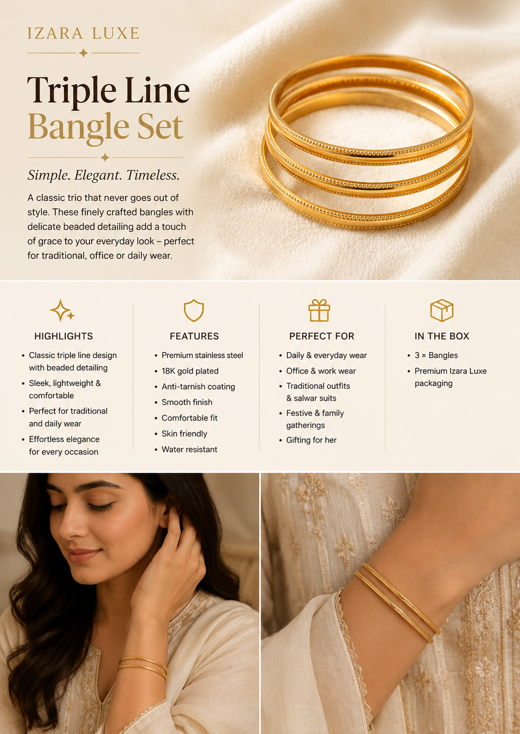 Triple Line Bangle Set | Size 2.6"