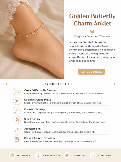 Golden Butterfly Charm Anklet - Single Piece