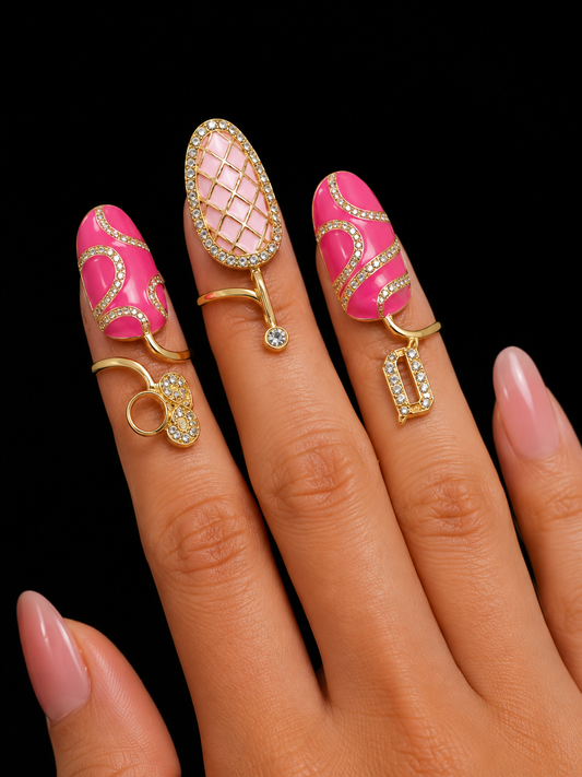 Open CZ Pink Nail Ring Set of 3 (One Size)