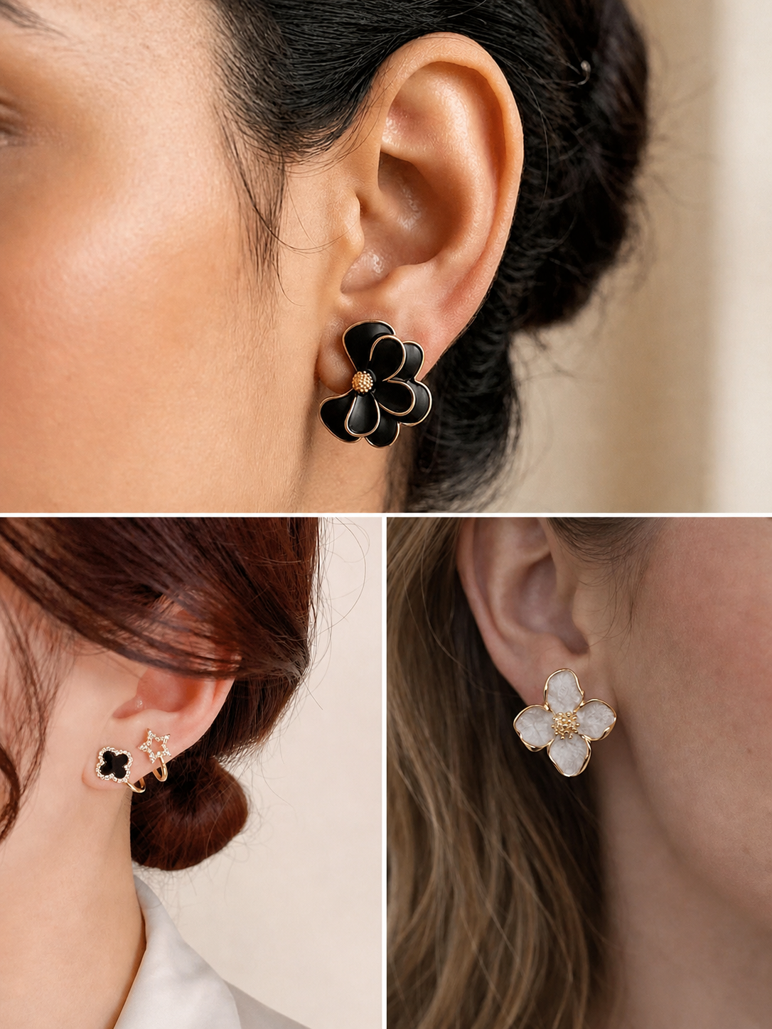 Pair of 3 - Clover, Star & Floral Design Korean Style Ear Stud
