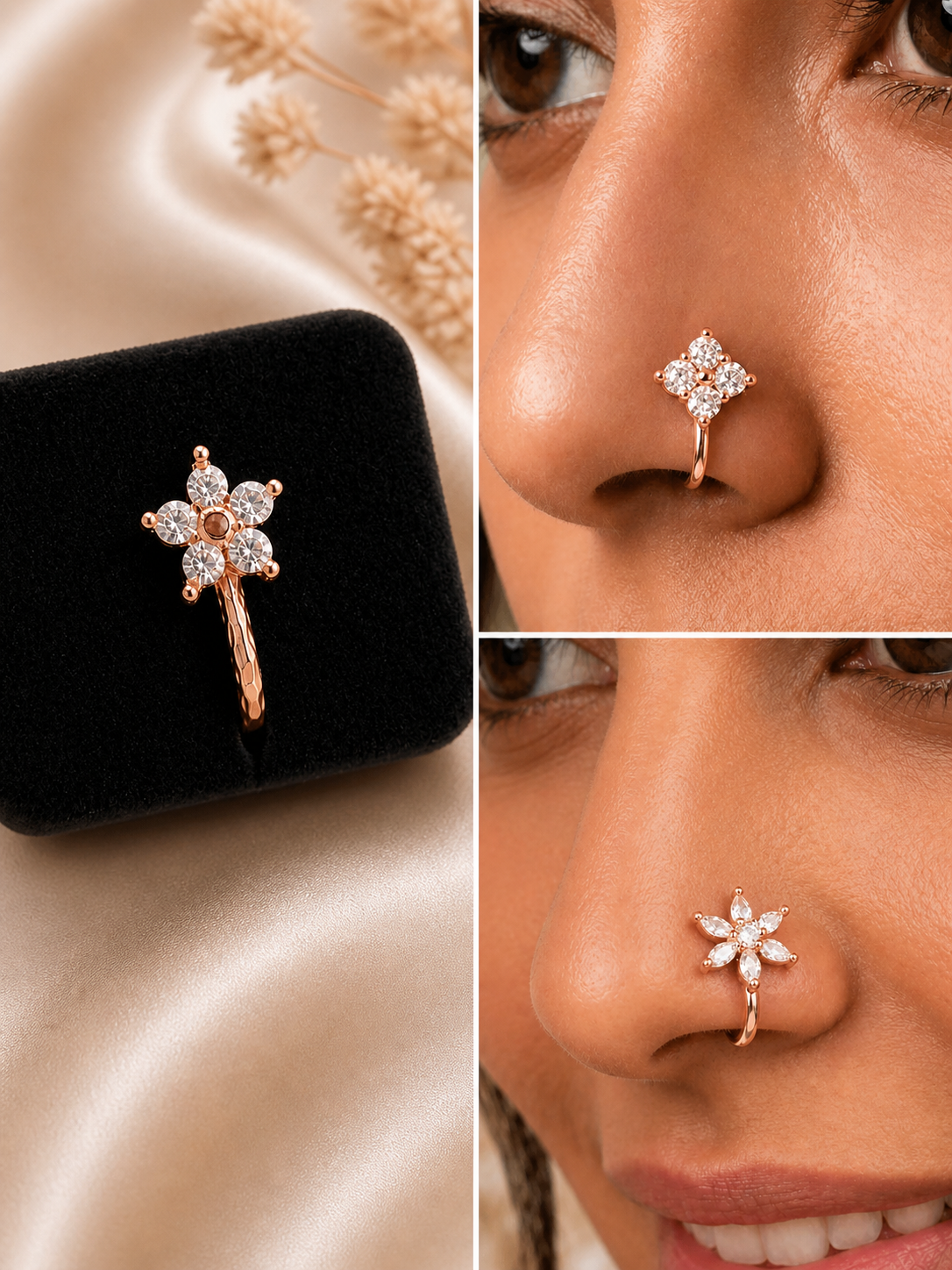 Rose Gold CZ Anti Tarnish Flower Non Piercing Nose Pin - Pack of 3