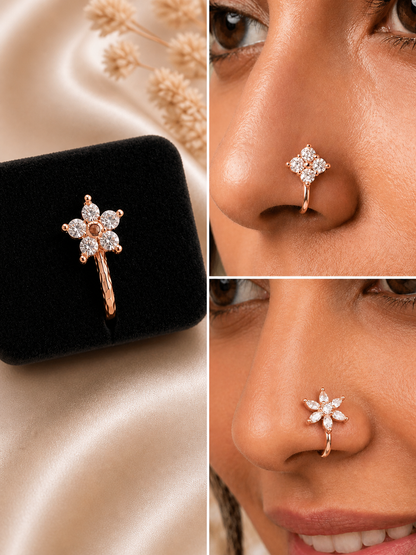 Rose Gold CZ Anti Tarnish Flower Non Piercing Nose Pin - Pack of 3
