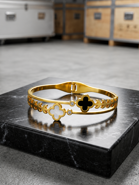 Black & White Lucky Clover Gold Bracelet