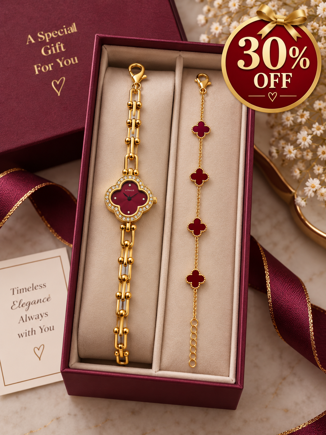 Elegant Clover Watch & Bracelet Set – Gold-Tone Anti-Tarnish Jewellery
