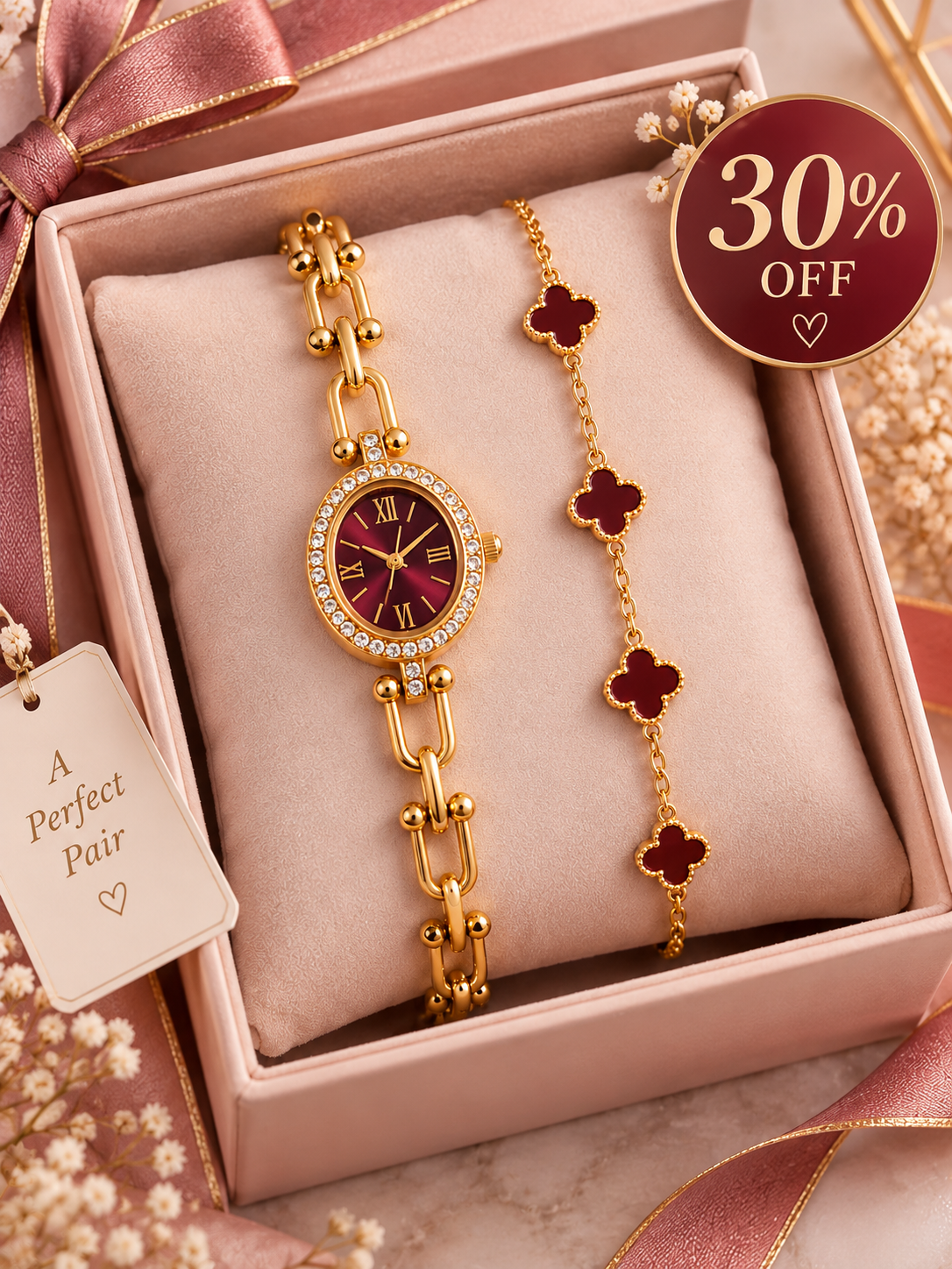 Burgundy Crystal Watch & Bracelet Combo