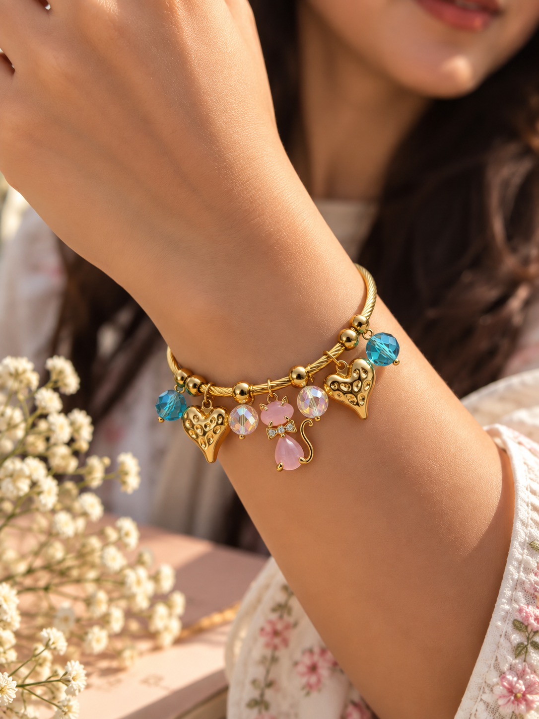 Pink kitty charm magnetic Bracelet - Size 2.6"