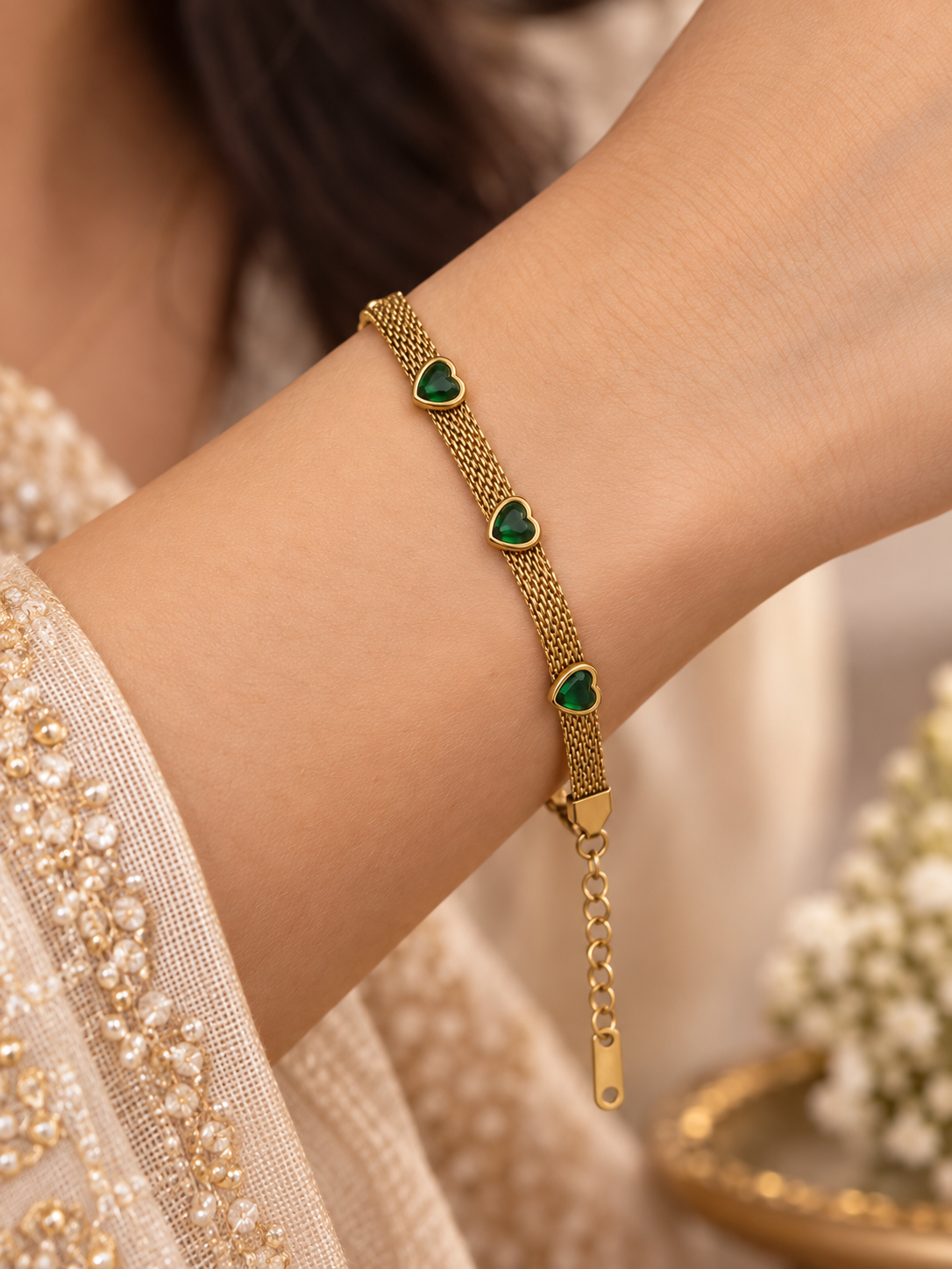 Emerald Heart Mesh Bracelet