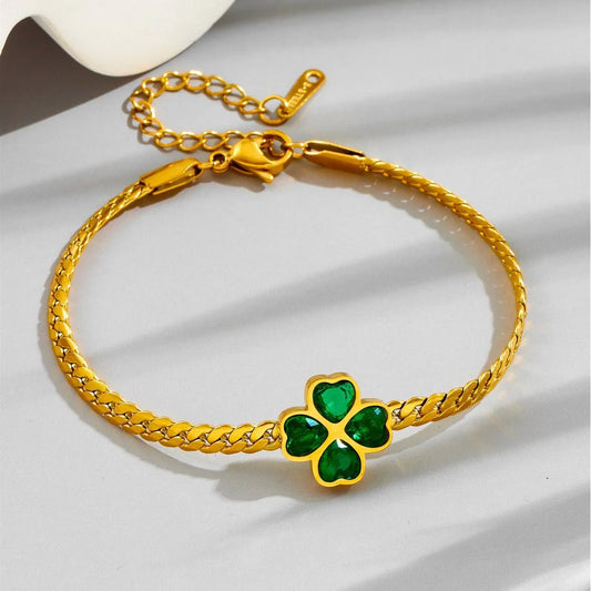 Gold Green Clover Snake Chain Bracelet