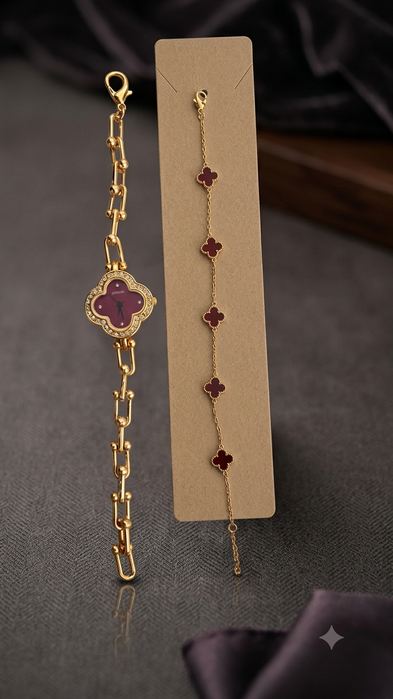 Elegant Clover Watch & Bracelet Set – Gold-Tone Anti-Tarnish Jewellery