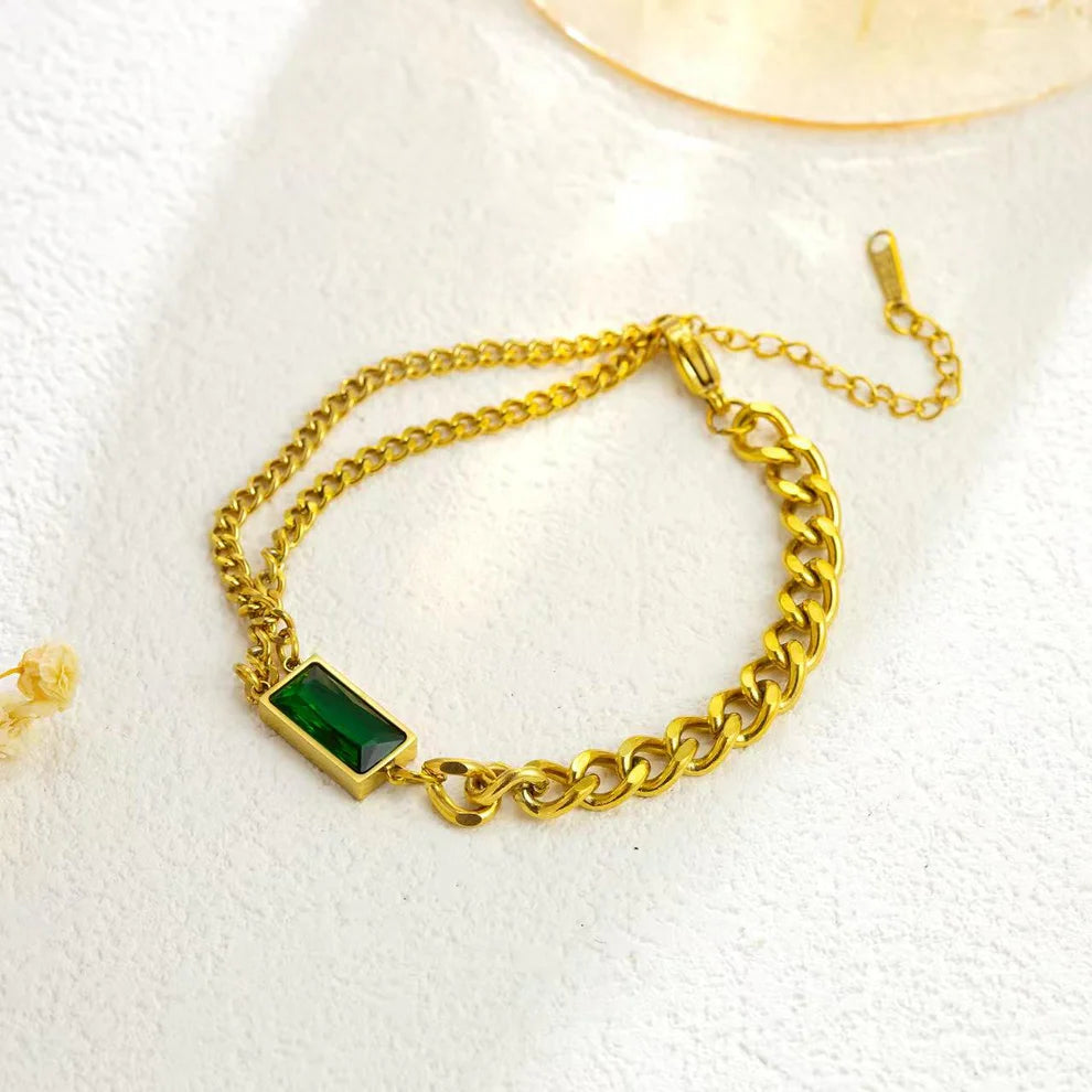 Gold Green Stone Link Chain Bracelet