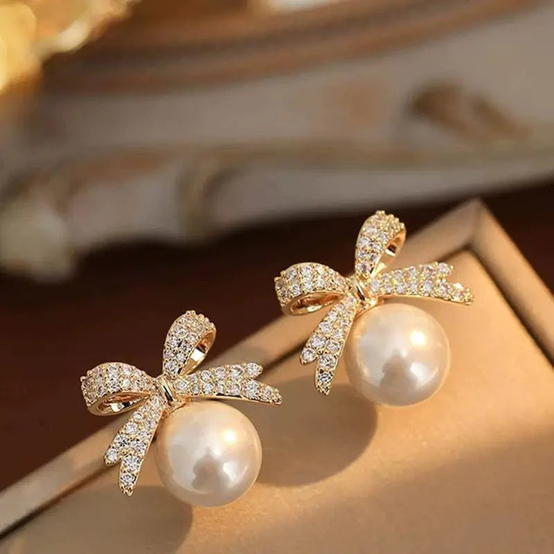 Crystal-studded bows and lustrous pearl drops - Pair of 3 (Combo Offer)