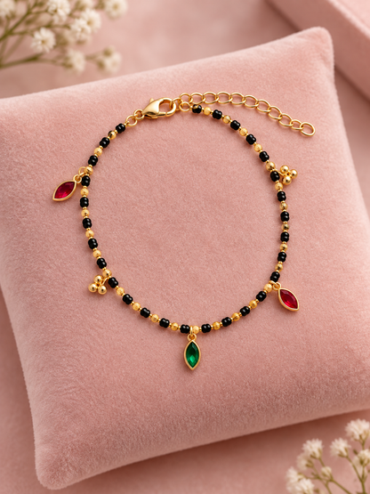Black Bead & Multicolour Stone Brass Bracelet