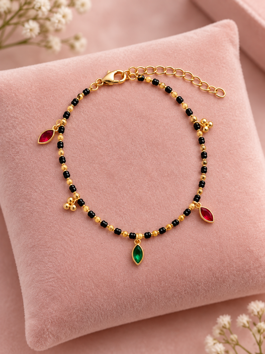 Black Bead & Multicolour Stone Brass Bracelet
