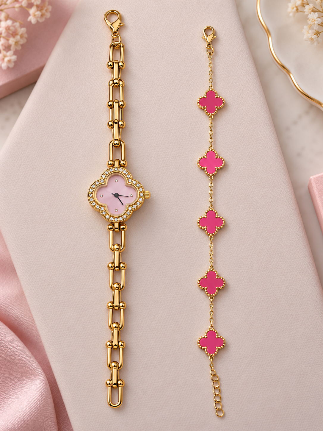 Elegant Clover Watch & Bracelet Set – Gold-Tone Anti-Tarnish Jewellery