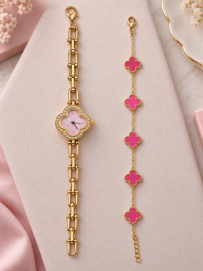 Elegant Clover Watch & Bracelet Set – Gold-Tone Anti-Tarnish Jewellery
