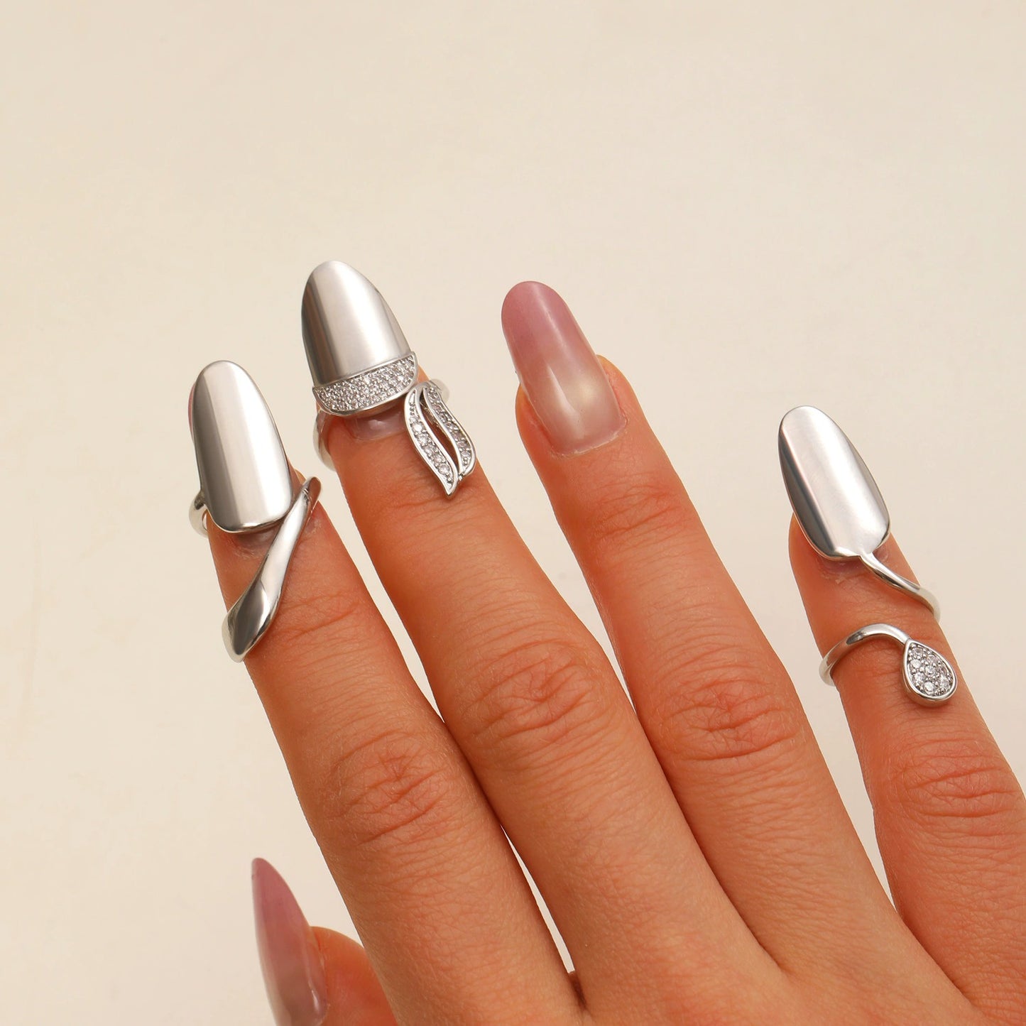 Chrome Elegance Open Nail Ring Set of 3 (One Size)