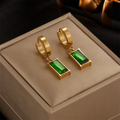 Green Stone Drop Hoop Earrings