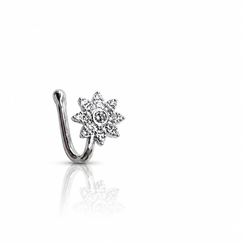 Silver CZ Anti Tarnish Flower Non Piercing Nose Pin - Pack of 3