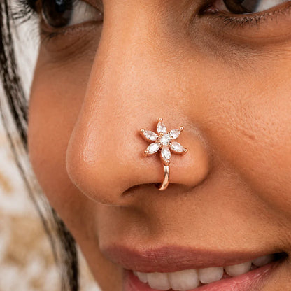Rose Gold CZ Anti Tarnish Flower Non Piercing Nose Pin - Pack of 3