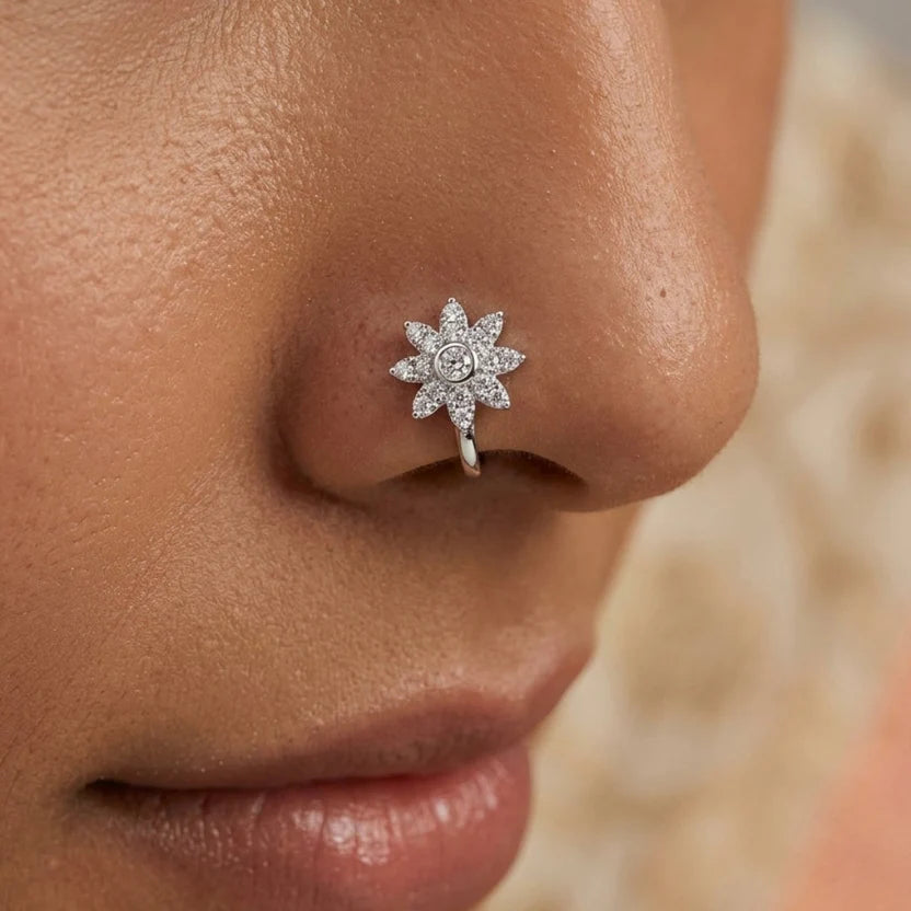 Silver CZ Anti Tarnish Flower Non Piercing Nose Pin - Pack of 3