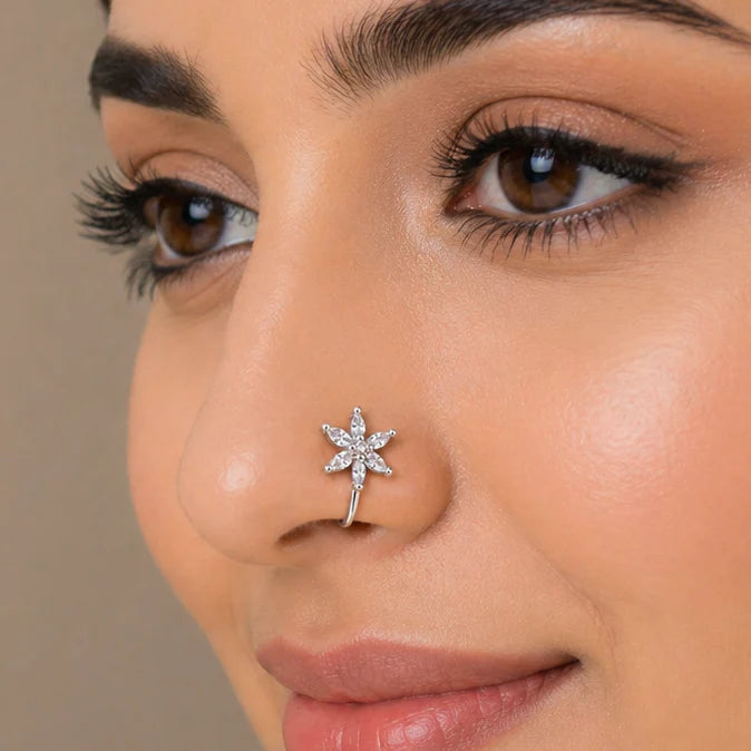 Silver CZ Anti Tarnish Flower Non Piercing Nose Pin - Pack of 3