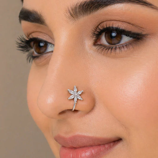 Silver CZ Anti Tarnish Flower Non Piercing Nose Pin - Pack of 3