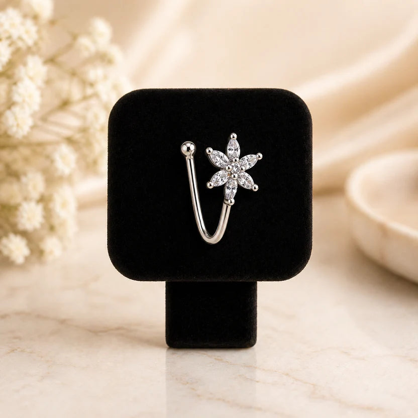 Silver CZ Anti Tarnish Flower Non Piercing Nose Pin - Pack of 3