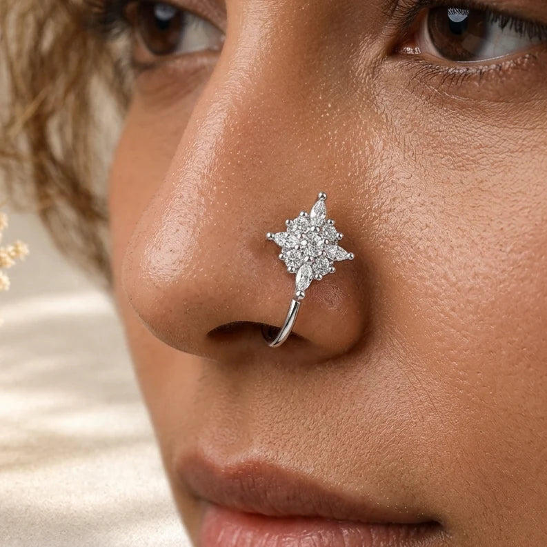 Silver CZ Anti Tarnish Flower Non Piercing Nose Pin - Pack of 3