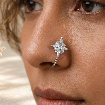 Silver CZ Anti Tarnish Flower Non Piercing Nose Pin - Pack of 3